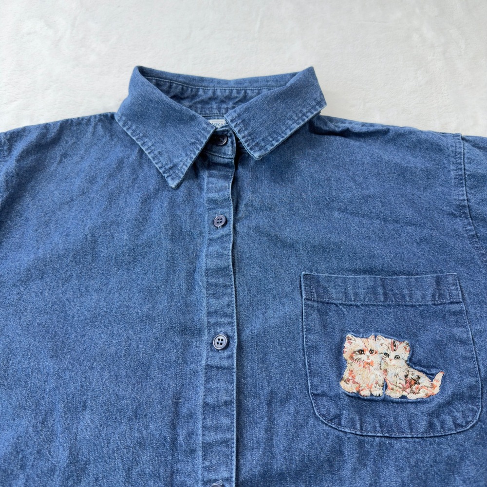 The Bradford Exchange Denim Shirt Womens 2X Blue Good Embroidered Cat Kitten - Picture 7 of 12